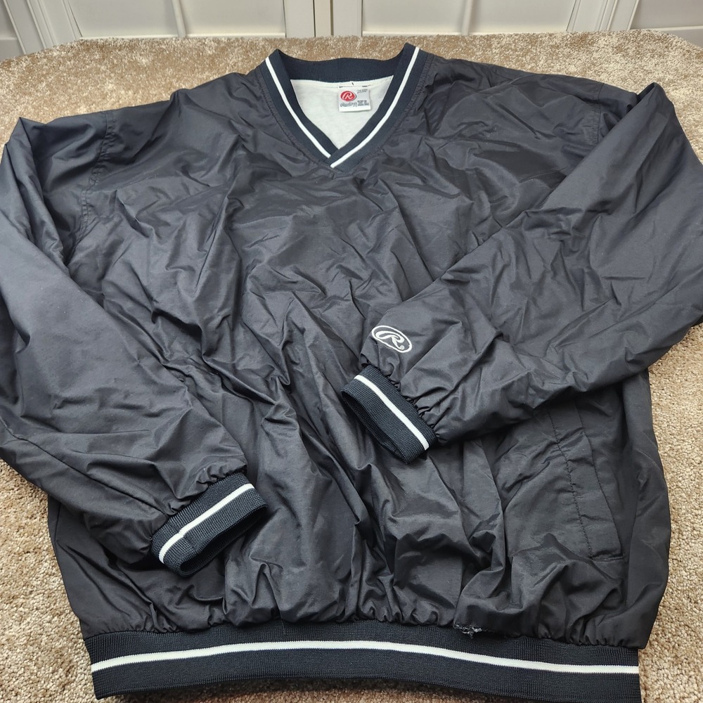 Rawlings Mens XL Black V-Neck Windshirt Pullover Ribbed Trim Activewear Jacket